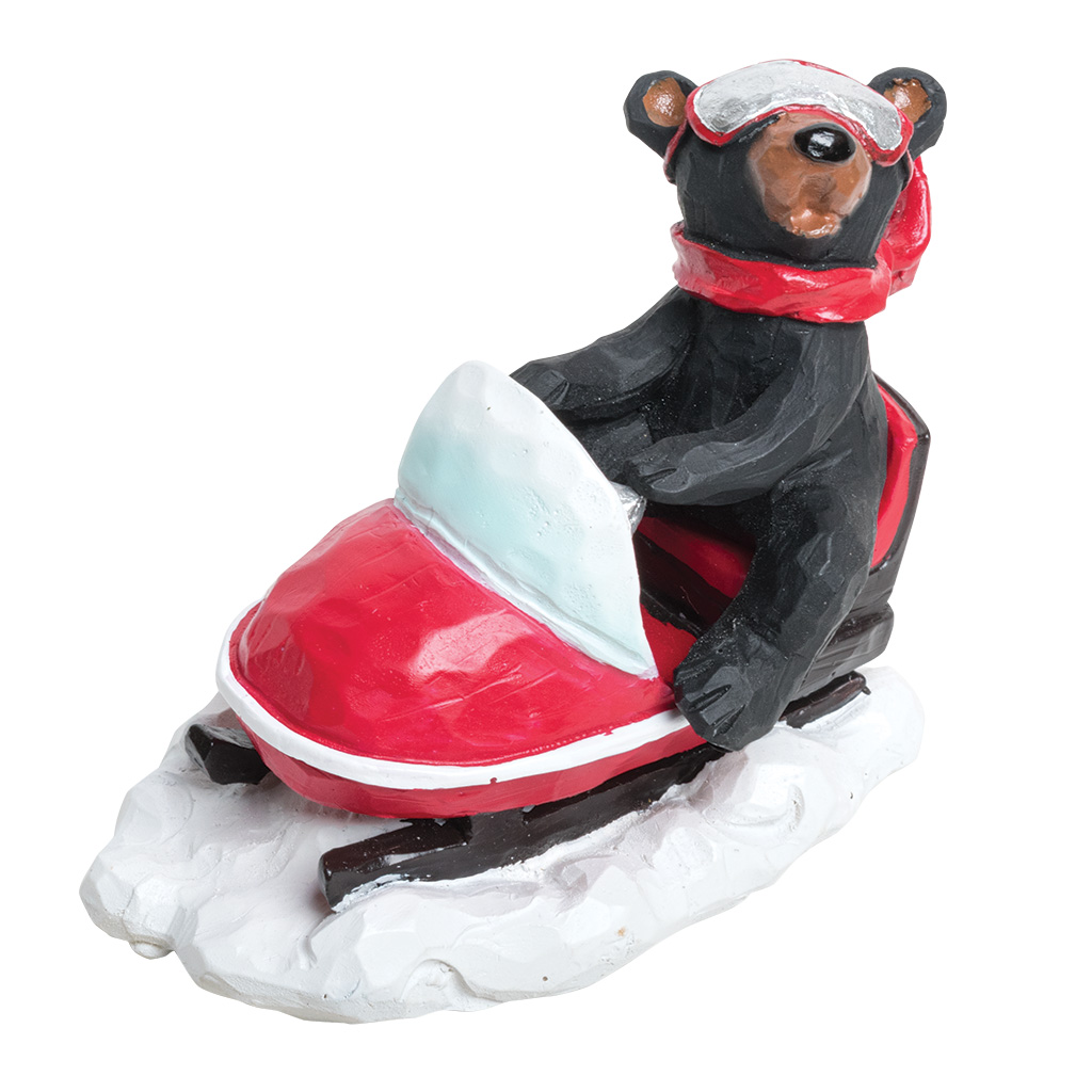 Carved Wood Look Snowmobile Bear Figurine 63671